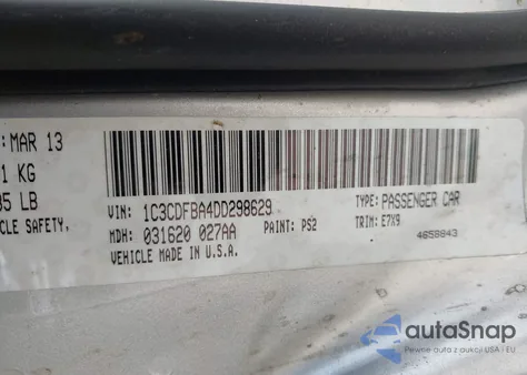 2013 Dodge Dart Sxt из США, поврежденный, VIN 1C3CDFBA4DD298629